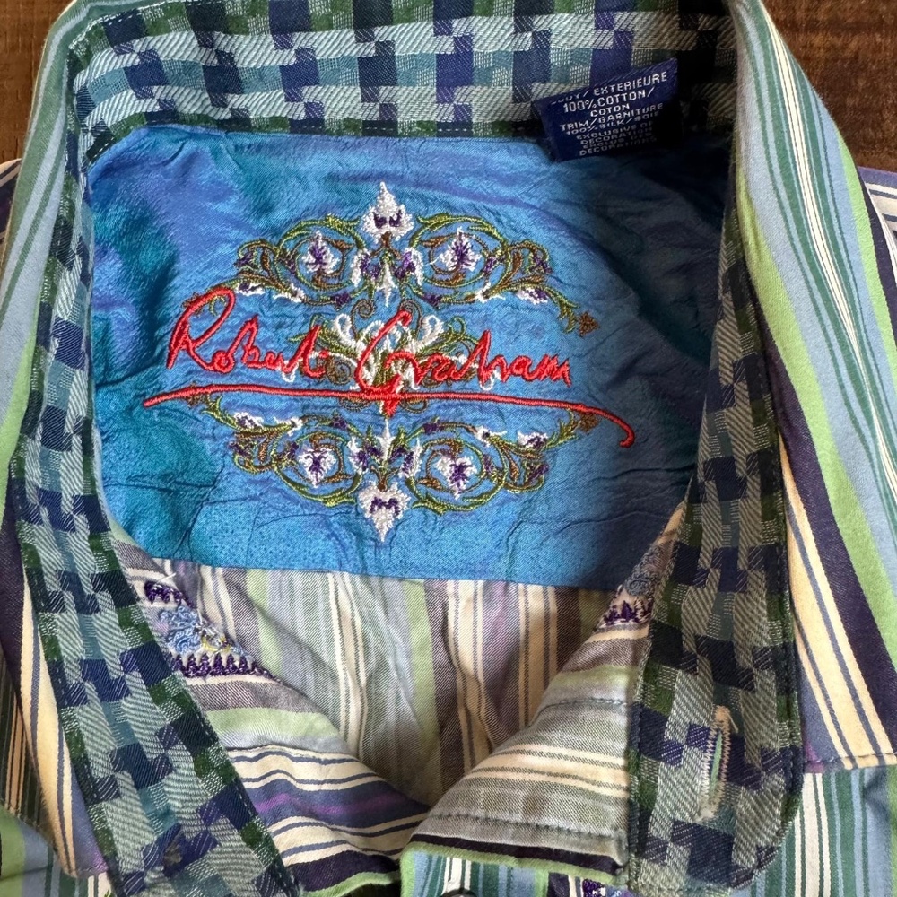 Robert Graham Shirt Mens M Green Purple Print Striped Flip Cuff